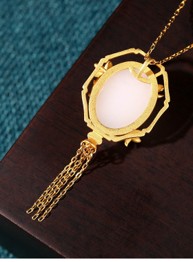 中国风轻奢小众古法保色镀金珐琅彩花开富贵仿和田玉流苏项链女项