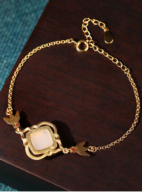 国潮首饰中国风古法镀金镶仿玉石竹报平安复珐琅手链夏母亲节礼物