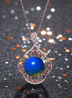 国潮新品配饰 镀18K玫瑰金色镂空中国结满钻镶嵌二代蓝珀琥珀项链