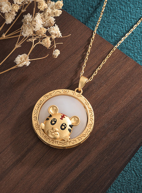 2025年国潮配饰古法镀金珐琅彩虎年生肖仿和田玉吉祥物挂坠项链女