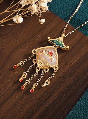 国潮汉服珐琅滴釉工艺仿和田玉项链流苏复古装中国风旗袍妈妈首饰