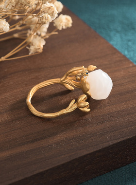 网红汉服女扳指中国风旗袍古装配饰古法镀金镶嵌白玉莲蓬戒指指环