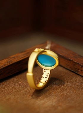 古法镀金工艺持久保色人造松石戒指复古活口调节精美古风新中式