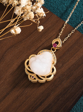 小红书同款国潮复古法镀金项链镶嵌仿和田玉佛公雕刻挂坠宫廷饰品