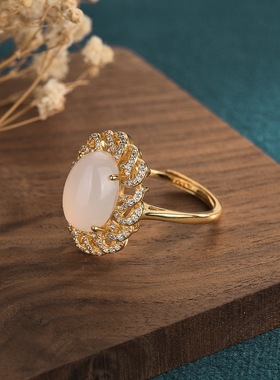 中国风复古宫廷设计铜镀金满钻玉髓玛瑙戒指汉服旗袍指环网红同款