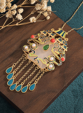 2025年国潮新品景泰蓝仿和田玉南红流苏吊坠项链复古装民族风配饰