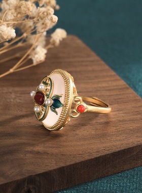 戒指宫廷设计中国风典雅古法金珐琅彩景泰蓝多宝镶嵌白玉南红指环