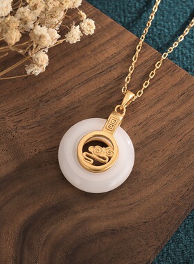 宫廷汉服配饰复古鎏金福字仿和田白玉平安扣吊坠女款玉石玉坠礼品