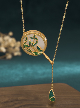 中国风汉服古装配饰珐琅彩绘古法镀金镶嵌仿和田玉宫廷扇子项链女