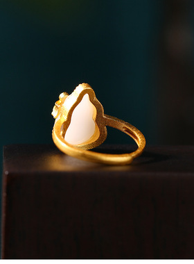 开口调节指环戒指国潮民族风珐琅滴釉仿白玉福禄葫芦抖音直播热卖