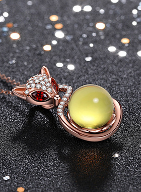 冷淡风气质女生汉服旗袍配饰净水无杂质蓝珀高蓝圆珠灵狐吊坠项链