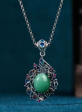 原创设计中国风仿玉石吊坠泰银做旧饰品珐琅彩凤凰于飞复古风项链