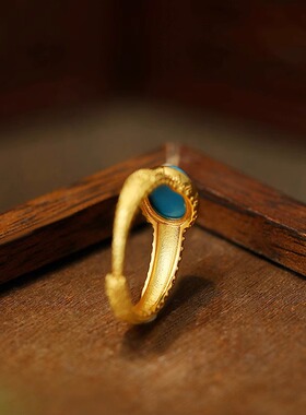 持久保色古法镀金人造松石国潮复古吉祥如意花纹戒指镂空指环女