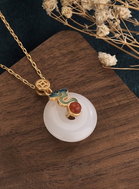 项链汉服旗袍配饰和田玉平安扣吊坠古法金烧蓝祥云中国民族风项饰