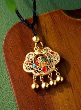 国潮风如意长命锁项链祥云福字珐琅彩久不掉色黑绳子颈链复古宫廷