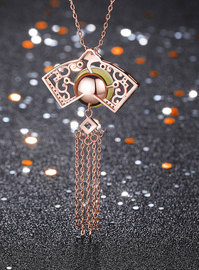 中国风古典旗袍汉服女生项饰镶嵌二代蓝珀琥珀正圆珠扇形流苏项链