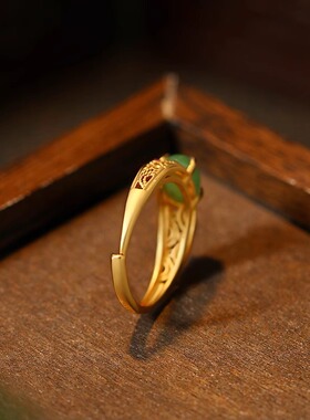 宫廷风复古中国古代马鞍戒指女生仿碧玉极简轻奢镀金开口花丝指环