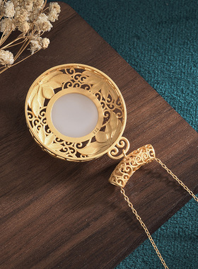 网红汉服中国风配饰复古法镀金冷珐琅工艺镶嵌仿和田玉挂件项链女