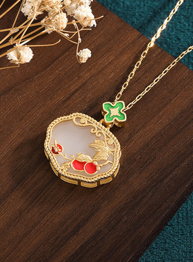 宫廷国潮珐琅镀金工艺仿和田玉平安锁项链女复古装中国风旗袍饰品