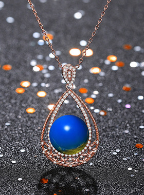 宫廷复古装珠宝国风设计墨西哥合成蓝珀正圆琥珀吊坠汉服旗袍项链