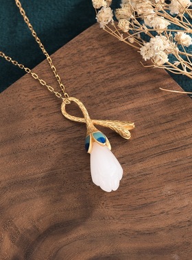 中国风复古宫廷设计玉兰花白玉烧蓝吊坠项链网红同款玉石汉服挂件