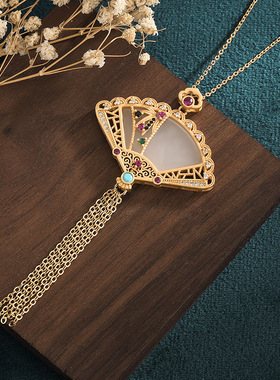 2025秋冬季新国潮中国风旗袍饰品颈链仿和田玉宫廷团扇流苏项链女