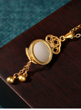 新中式古法镀金和田玉景泰蓝国潮钱币祥云福字流苏吊坠项链女挂坠