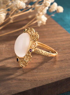 旗袍宫廷汉服手饰品网红中国风复古镶嵌指环半宝石合成和田玉戒指