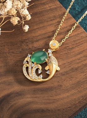 宫廷风设计项饰镶嵌和田玉青玉年年有鱼古典汉服气质女吊坠锁骨链