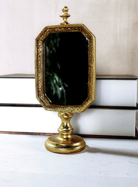 家居欧式复古做旧桌面化妆镜怀旧金色客厅梳妆台镜子摆件哥特式