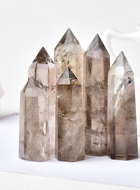 跨境热销天然茶水晶柱单尖六棱柱原石打磨烟晶柱家居办公风水