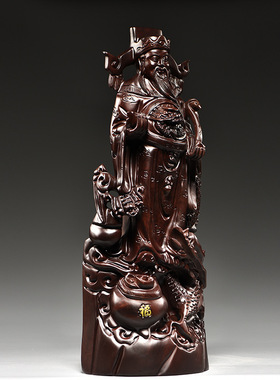 黑檀木雕财神爷像摆件红木腾龙聚宝盆财神爷家居客厅店铺开业