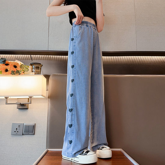 女童裤子夏装薄2025新款防蚊儿童大童天丝牛仔冰丝夏季直筒阔腿裤