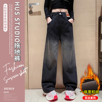 Girl Plus Suede Jeans Autumn winter 2023 new female Grand Scout pants Child integral suede Thickened Straight Pants