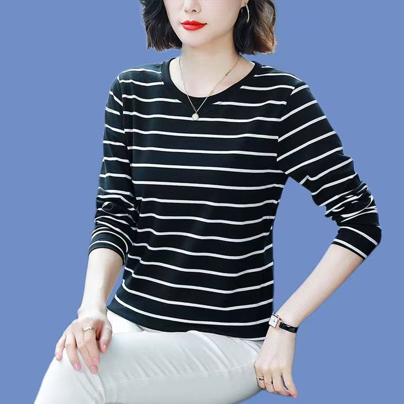 条纹春秋中年圆领遮肚纯棉长袖T恤女士大码宽松内搭显瘦打底上衣,淘宝优惠券,粉丝福利购,淘宝优惠卷