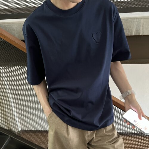 Nick Tian 韩国小众设计感浮雕爱心短袖T恤男款休闲宽松凉感上衣 - 图3