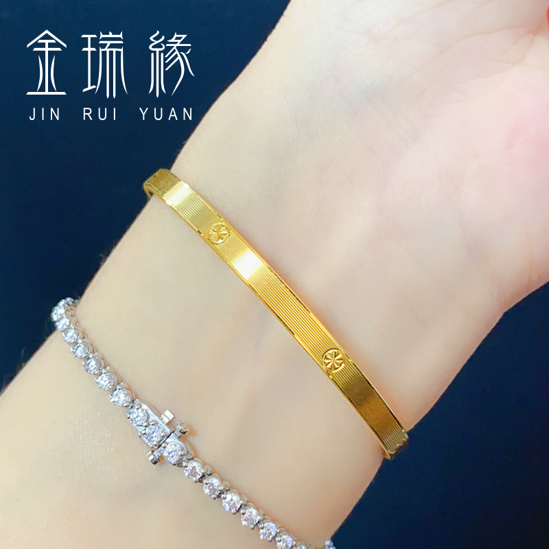 黄金车花手镯女款999足金时尚简约拉丝手环5D硬金轻奢百搭金镯子 - 图2