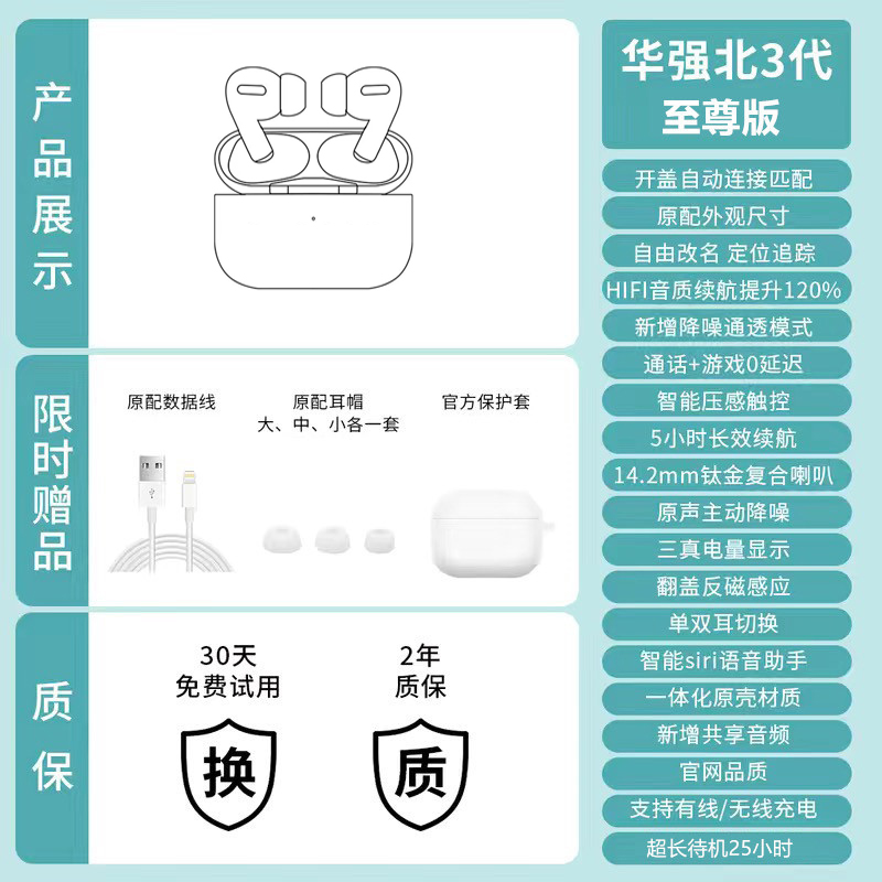 华强北高音质air二代3三代pro2四代5五代无线降噪蓝牙耳机入耳式 - 图1