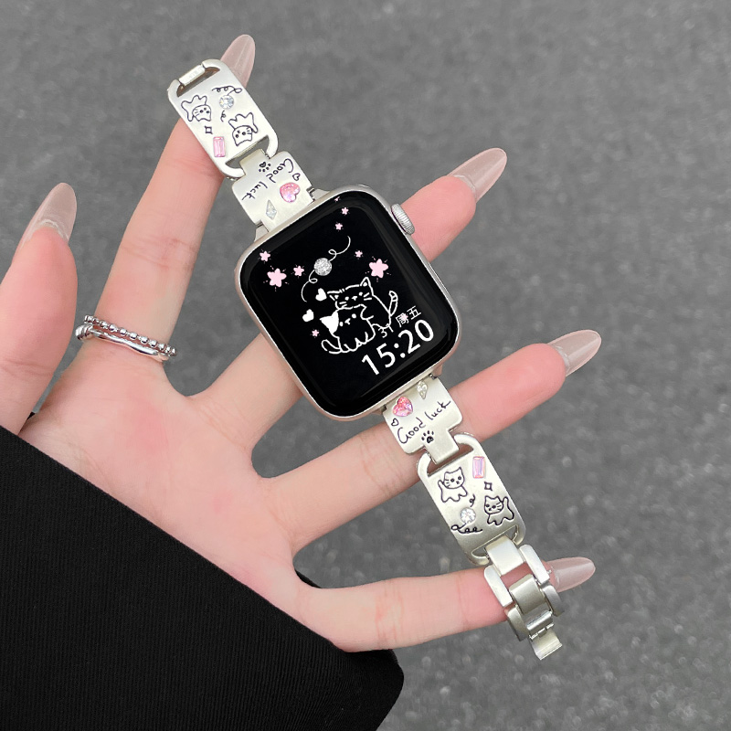 适用iwatch10表带S11苹果S9手表S8涂鸦小猫Applewatch s10金属链条SE3高级S6运动S5小众ultra3手镯链式替换带 - 图1