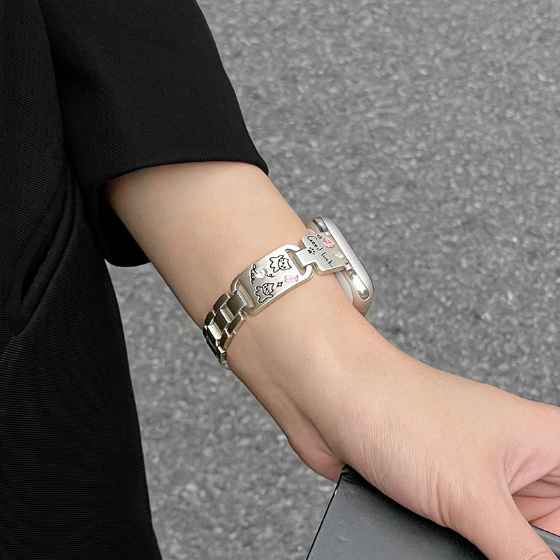 适用iwatch10表带S11苹果S9手表S8涂鸦小猫Applewatch s10金属链条SE3高级S6运动S5小众ultra3手镯链式替换带 - 图2