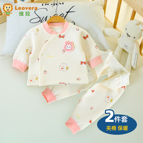 婴儿衣服秋冬套装分体夹棉男女宝宝保暖衣加厚外出服两件套冬装 - 图0