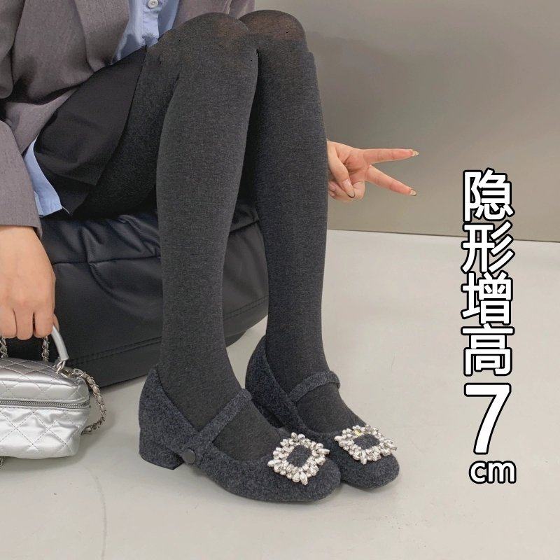 小个子7cm小香风方头水钻内增高毛毛鞋女秋冬加绒粗跟玛丽珍单鞋,淘宝优惠券,粉丝福利购,淘宝优惠卷