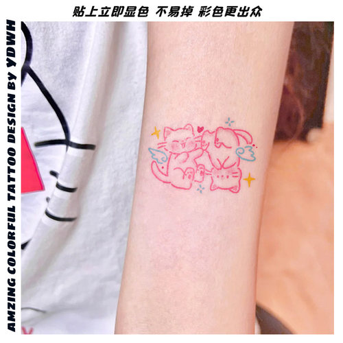 嬉戏猫咪纹身贴女防水持久彩色可爱tatto遮疤痕手臂卡通贴纸ins - 图3