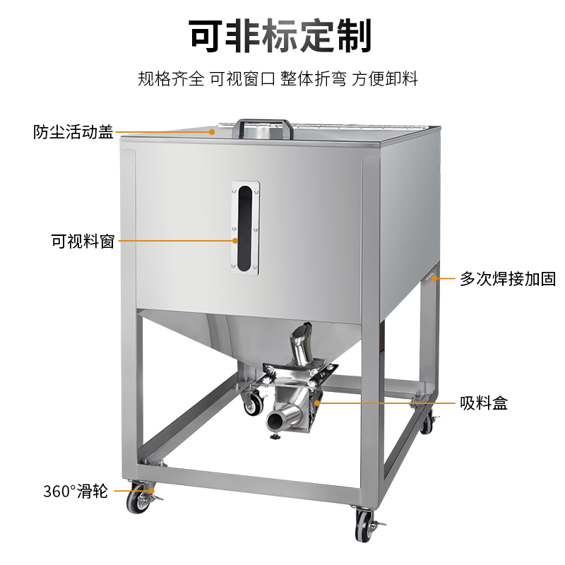 厂家直销123500KG储料桶不锈钢原料箱可移动周转方形吸料斗放料盒 - 图1