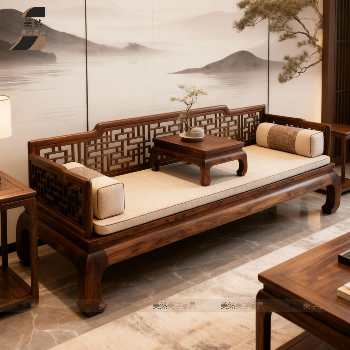 新中式北美黑胡桃木实木罗汉床宋式美学客厅休闲高端大气罗汉沙发 - 图3