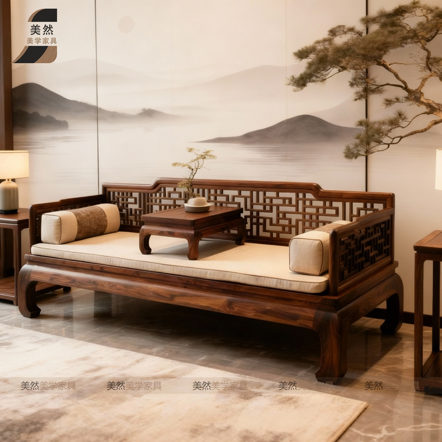 新中式北美黑胡桃木实木罗汉床宋式美学客厅休闲高端大气罗汉沙发 - 图1