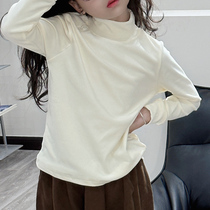 Girl White Jersey Undershirt Autumn Winter 2024 New Children Thickened Delsuede Blouse Girl Spring Autumn And Half High Collar T-shirt