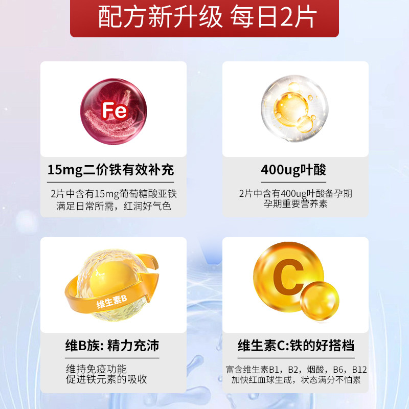 Salus莎露斯德国红版铁元片剂补铁片女孕妇补叶酸铁元素气血84片