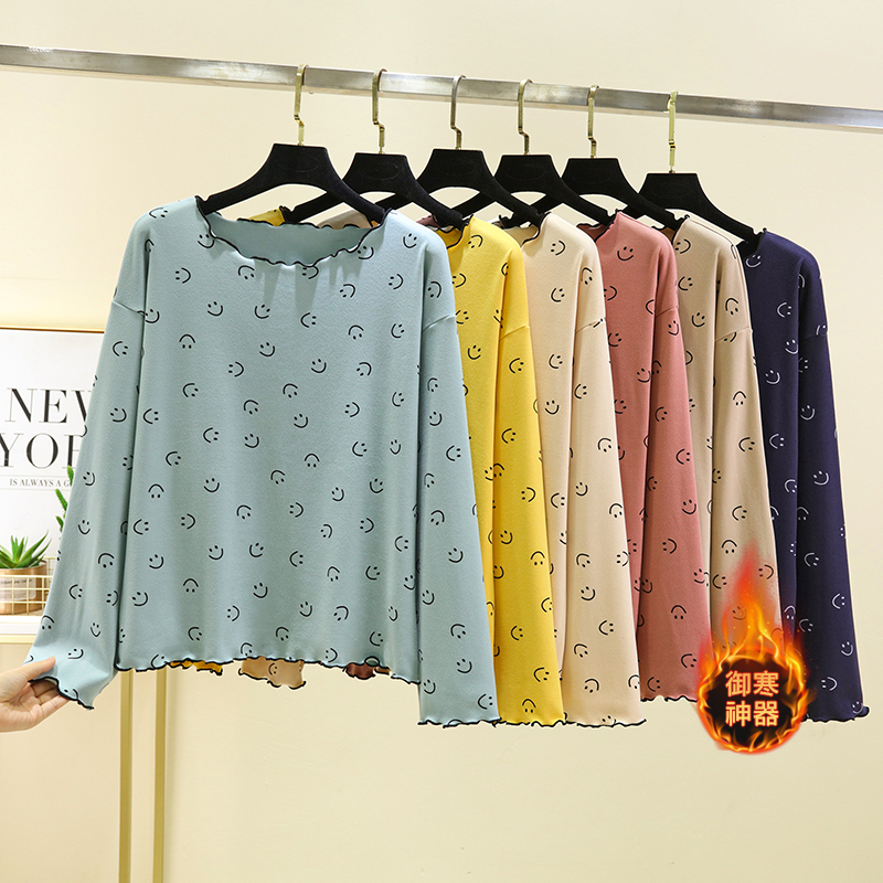 大码印花休闲上衣女秋冬宽松德绒笑脸家居服可外穿双面绒t恤睡衣 - 图2