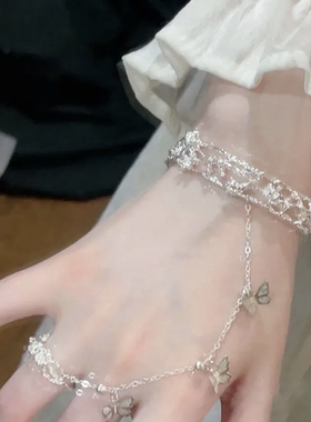 新款超仙铃铛蝴蝶手链戒指手镯中古风连体个复古女手环指环女